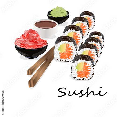 Illustration of roll sushi with salmon, prawn, avocado, cream cheese. Sushi menu. Japanese food isolated.