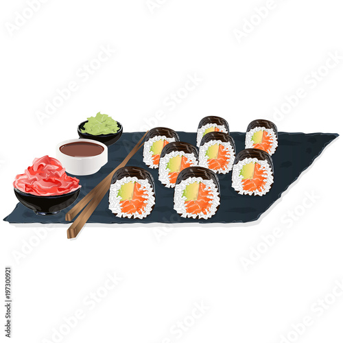 Illustration of roll sushi with salmon, prawn, avocado, cream cheese. Sushi menu. Japanese food isolated.