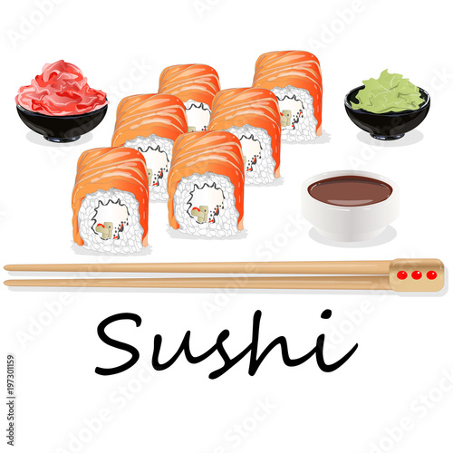 Illustration of roll sushi with salmon, prawn, avocado, cream cheese. Sushi menu. Japanese food isolated.