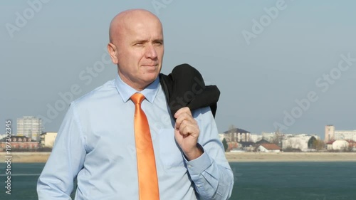 Pleased Businessman Enjoy Pause Looking Around Admire Confident City View photo