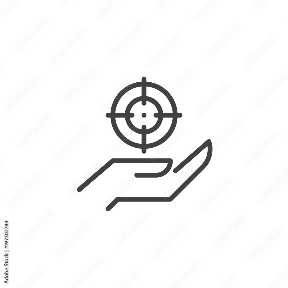 Hand and aim outline icon. linear style sign for mobile concept and web design. hand giving a crosshair simple line vector icon. Symbol, logo illustration. Pixel perfect vector graphics Hand and aim outline icon. linear style sign for mobile concept and web design. hand giving a crosshair simple line vector icon. Symbol, logo illustration. Pixel perfect vector graphics