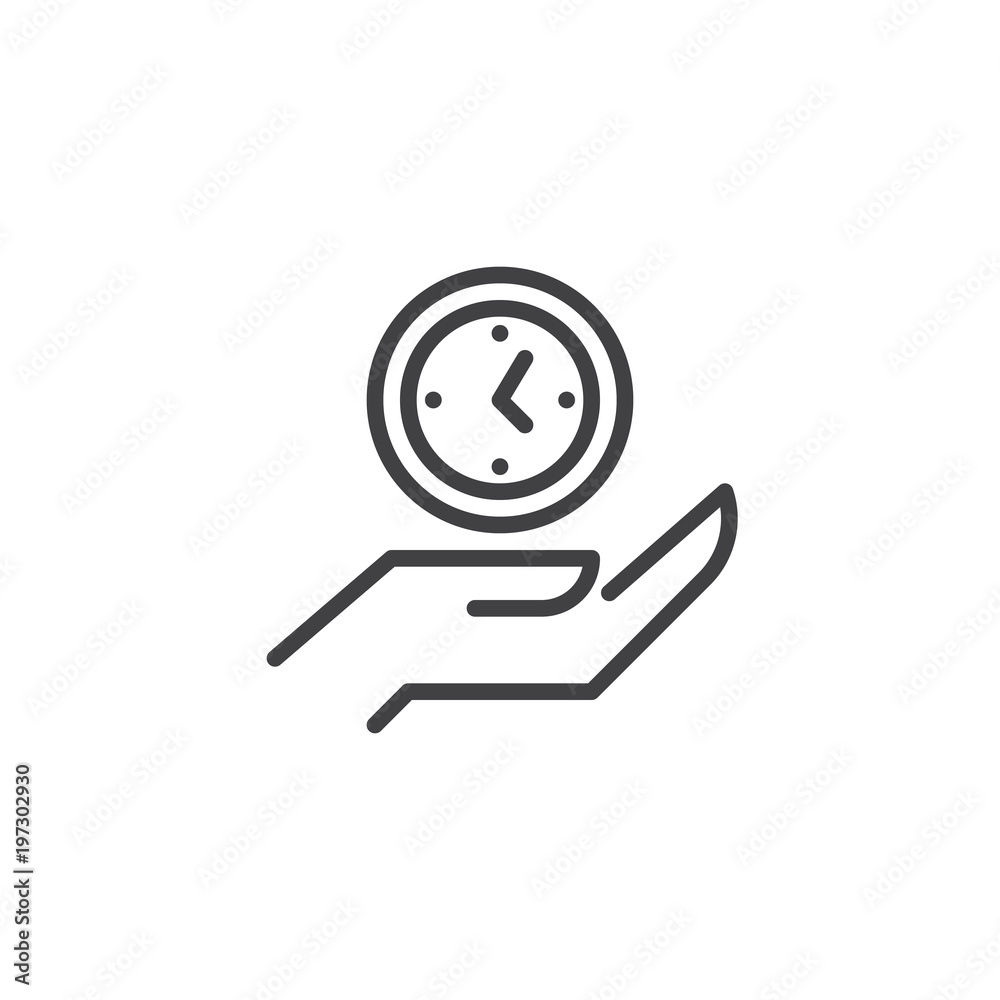 Clock on hand outline icon. linear style sign for mobile concept and web design. Hand hold watch simple line vector icon. Symbol, logo illustration. Pixel perfect vector graphics
