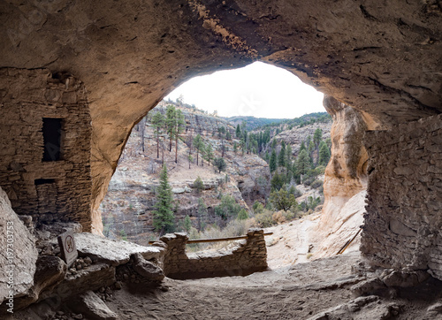 View of cliffs in winter from cave dwelling  at Gila Cliff Dwellings National Monument, Silver City New Mexico