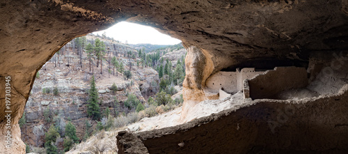 Panorama of view of cliffs in winter from cave dwelling at Gila Cliff Dwellings National Monument, Silver City New Mexico