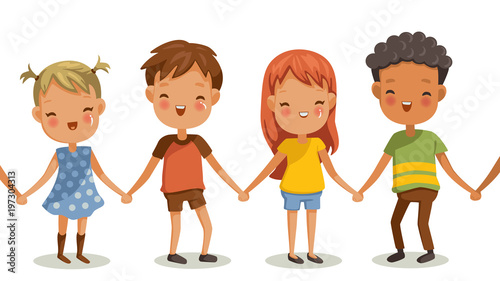 children holding hands Girls and boys gestures and emotions happiness. Hand in hand, good concept of friendship in childhood. Vector illustrations isolated on white background.