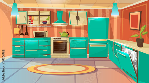 Vector modern kitchen interior background template. Cartoon dinner room illustration with furniture kitchen counter cupboard appliance fridge cooking stove microwave oven range hood washing machine