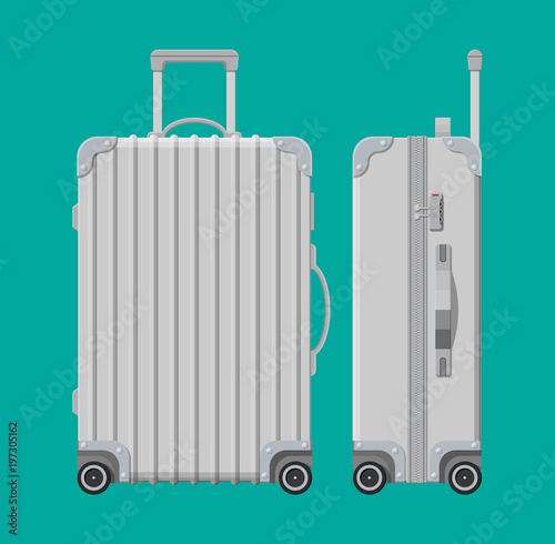 Silver travel bag. Plastic case. Trolley on wheels