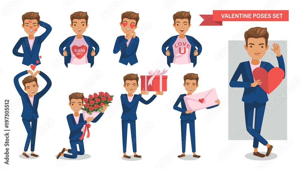 Valentine Man poses set. Lipstick on the face, megaphone, Heart heart, gifts, confession of love, symbol, holding a bouquet, envelope, Hands up, Valentines offers, concept of love, happiness of male