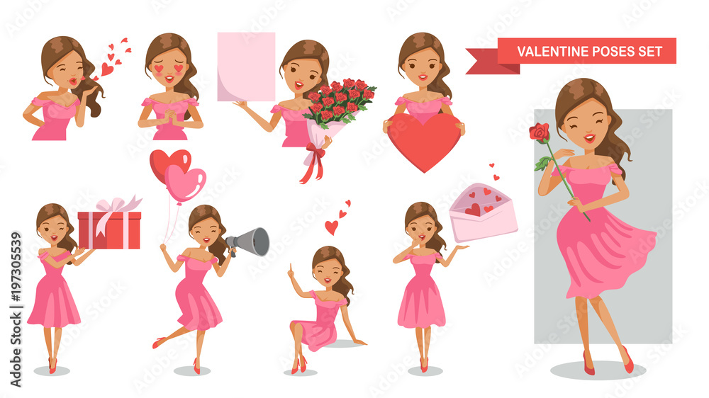 Valentine Women poses set. Send kiss, holding roses bouquet, paper sheet, heart shape, gift box, heart balloon, megaphone,Hands up,marvel at the envelope, concept of love, happiness of women.Vintage Valentine Women poses set. Send kiss, holding roses bouquet, paper sheet, heart shape, gift box, heart balloon, megaphone,Hands up,marvel at the envelope, concept of love, happiness of women.Vintage