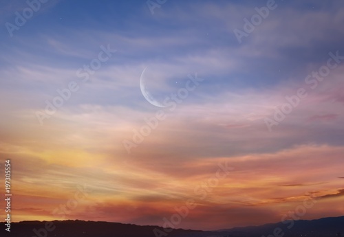  Ramadan background . Prayer time . Light from sky . Religion background . The sky at night with stars. New moon . Ramadan background . Dramatic nature background . eclipse of the moon