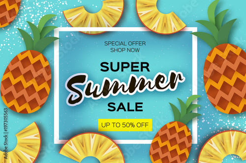 Pineappple. Top view. Ananas Super Summer Sale Banner in paper cut style. Origami juicy ripe slices. Healthy food on blue. Square frame for text. Summertime. photo