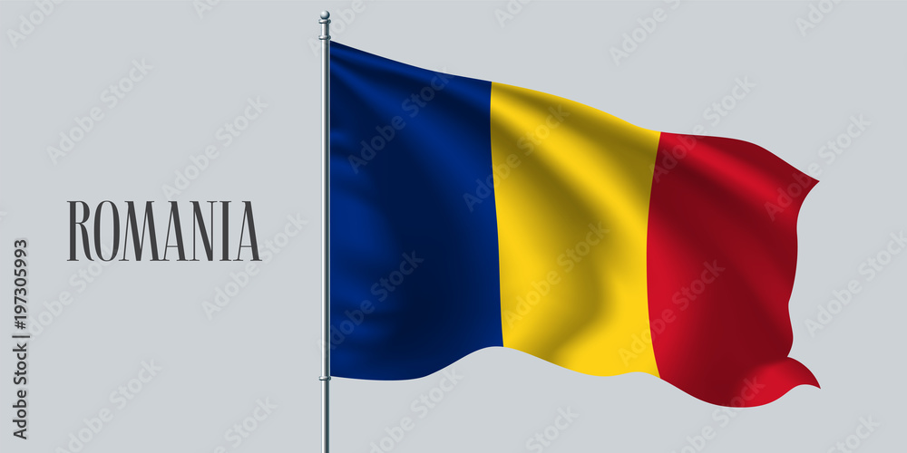 Fototapeta premium Romania waving flag on flagpole vector illustration