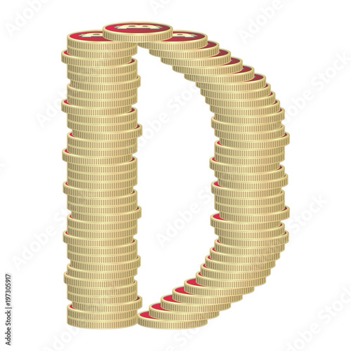 Letter D of coins. Vector font style made of enormous amount of bitcoins. Golden letters