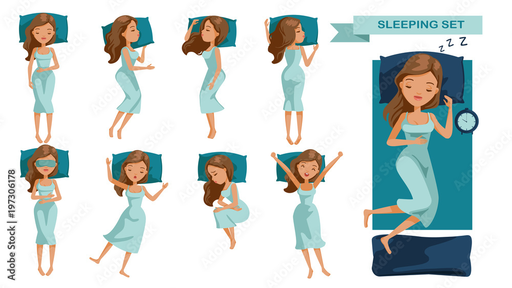 Sleeping woman set. Many views of sleep. Front, side, rear, top. lie on the  tummy, Sleep on one's side, lie supine, Beautiful cartoon women Cute girl  in pajamas Vector illustrations isolated Stock