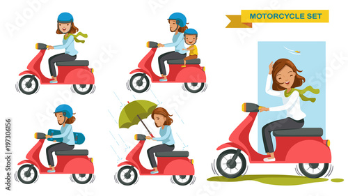 Motorcycle woman riding motorcycle different gestures set. Cartoon character. vector illustration isolated on white background.