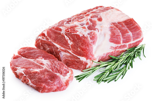 Fresh raw pork neck meat and rosemary isolated on white background.