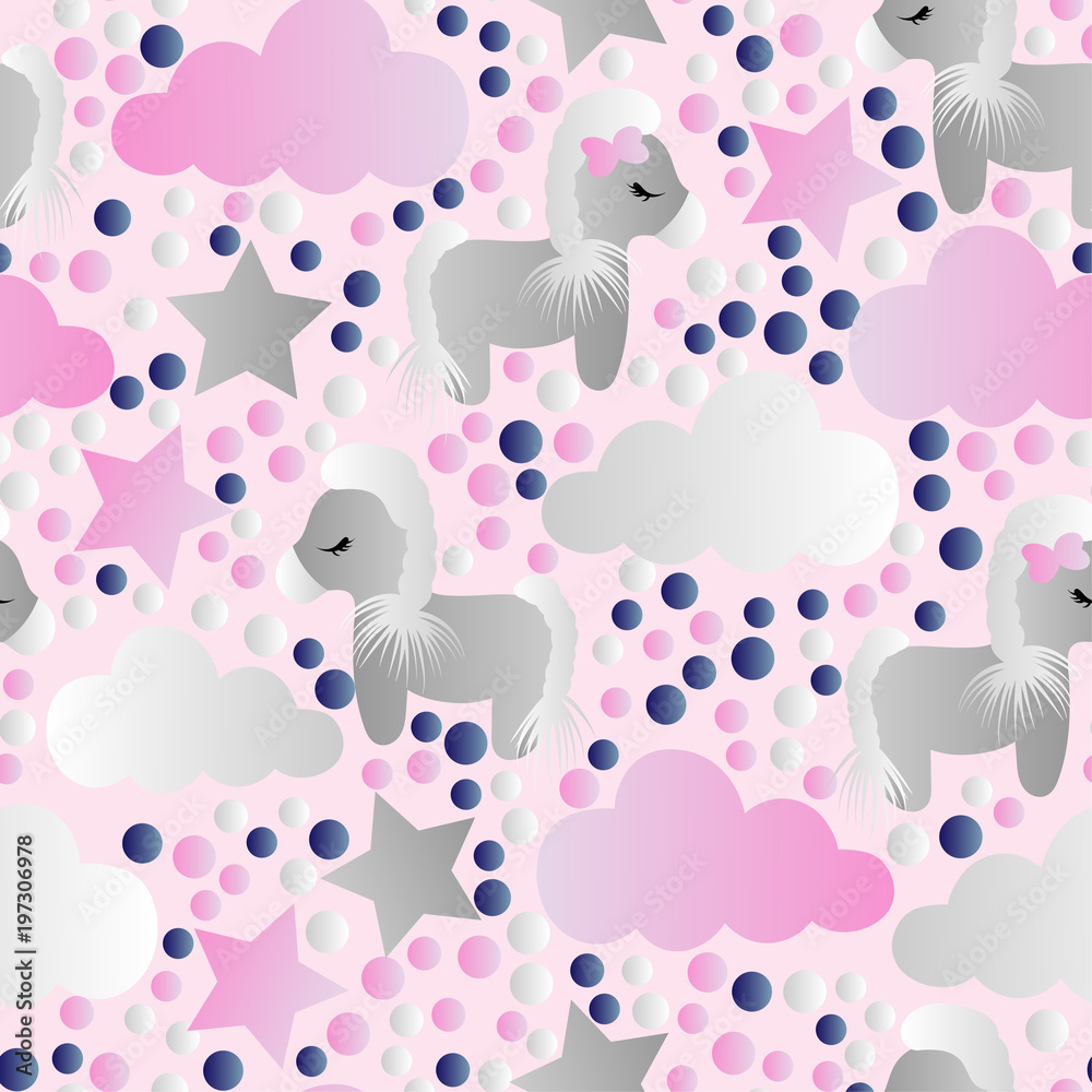 pattern with cartoon pony, clouds and stars pattern with cartoon pony, clouds and stars