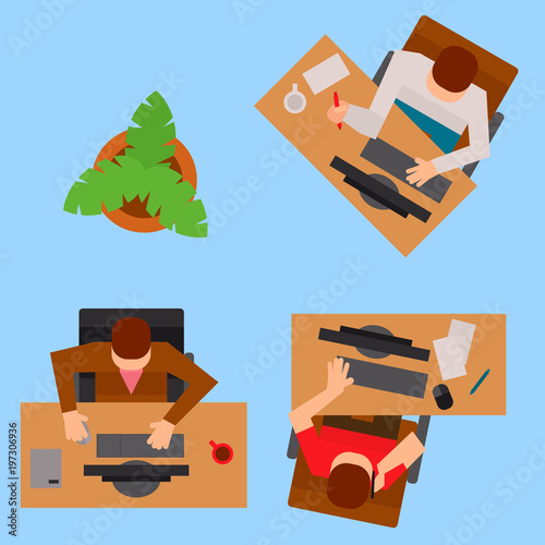 Workplace office tables vector business people team work process office concept web modern worker table top view flat illustration.