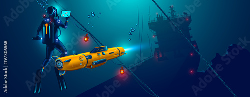 Underwater autonomous robot exploration sea floor. Underwater drone with diver explorat the place shipwreck of ship.