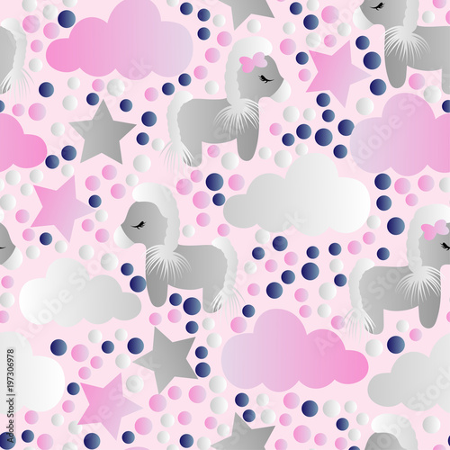 pattern with cartoon pony, clouds and stars