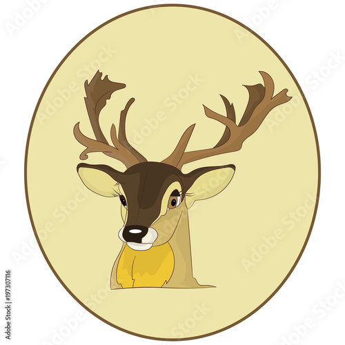 Portrait.The head of a deer in a round frame, cartoon on a white background,