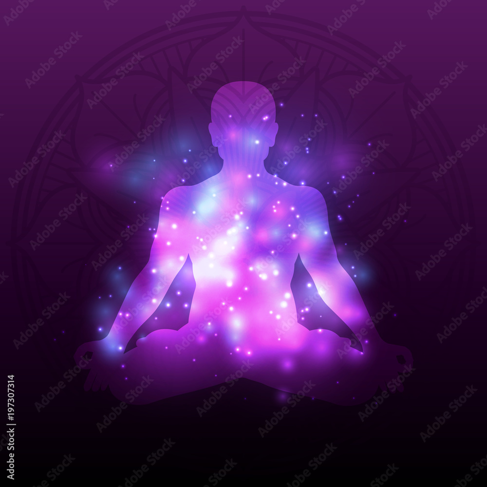 Violet meditation silhouette mandala with shiny effect Violet meditation silhouette mandala with shiny effect