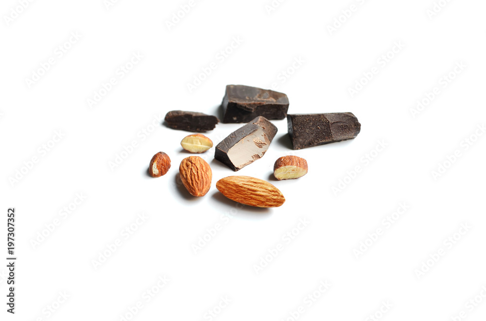 almond and chocolate isolated on white background almond and chocolate isolated on white background