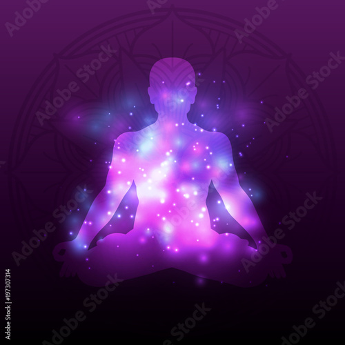 Violet meditation silhouette mandala with shiny effect