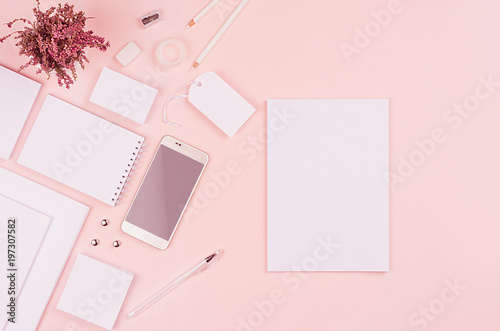 Modern minimalistic spring workspace with white blank stationery on soft pastel pink background  top view  copy space.