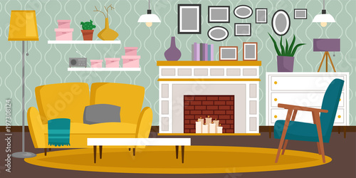 VIP vintage interior furniture rich wealthy house room with sofa set brick wall background vector illustration.