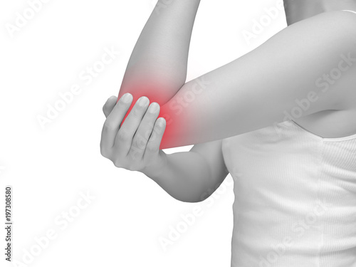 woman suffering from elbow pain, joint pains. mono tone highlight at elbow isolated on white background. health care and medical concept © asiandelight