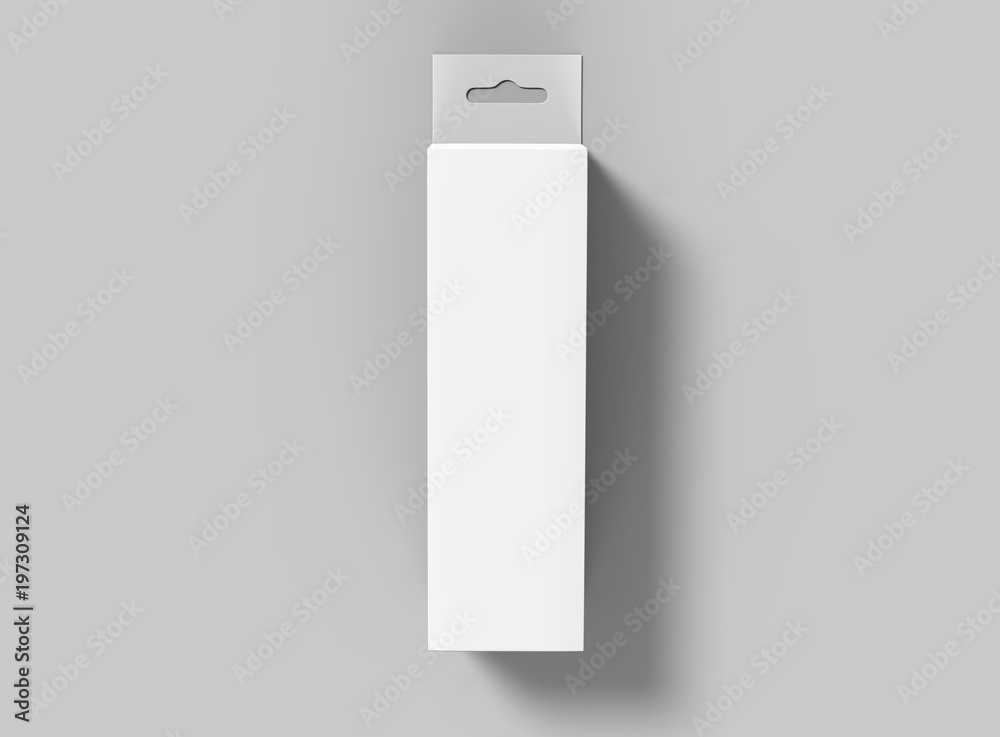 Hanging white blank cardboard packaging box with hang tab retail box for mock up design and design presentation. 3d render illustration. Hanging white blank cardboard packaging box with hang tab retail box for mock up design and design presentation. 3d render illustration.