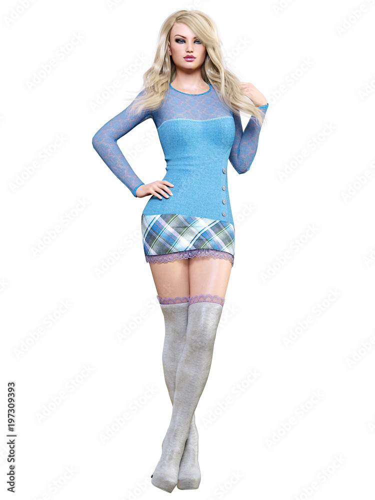 3D beautiful blonde short dress and long boots.Spring-autumn collection.Bright makeup.Woman studio photography.High heel.Conceptual fashion art.Seductive candid pose.Render illustration. 3D beautiful blonde short dress and long boots.Spring-autumn collection.Bright makeup.Woman studio photography.High heel.Conceptual fashion art.Seductive candid pose.Render illustration.