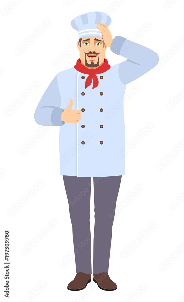 Chef showing thumb up and grabbed his head Chef showing thumb up and grabbed his head