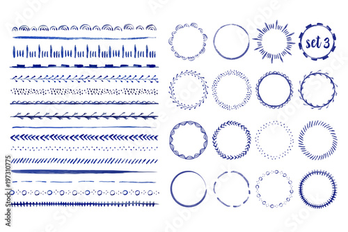 Set of seamless handdrawn watercolor brushes and frames with different patterns. Vector illustration.