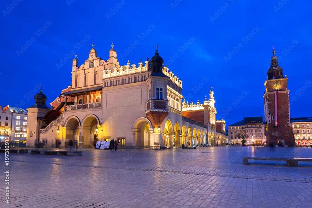 The Krakow Cloth Hall on the Main Square at night, Poland