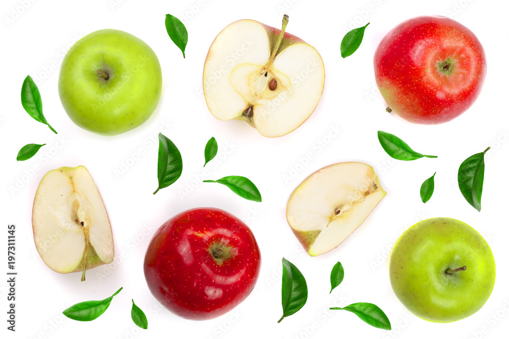 red and green apples with slices decorated with leaves isolated on white background top view. Flat lay pattern red and green apples with slices decorated with leaves isolated on white background top view. Flat lay pattern
