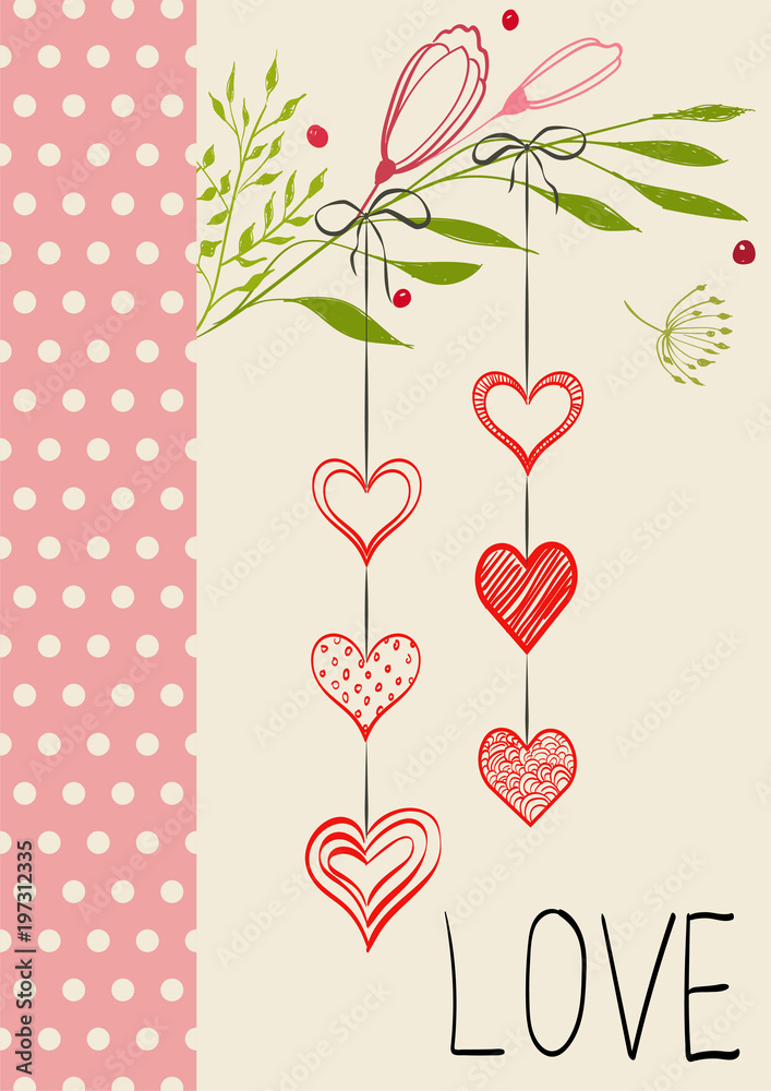 With Valentine's Day. Decorative postcard. The hearts on the branch. Flowers