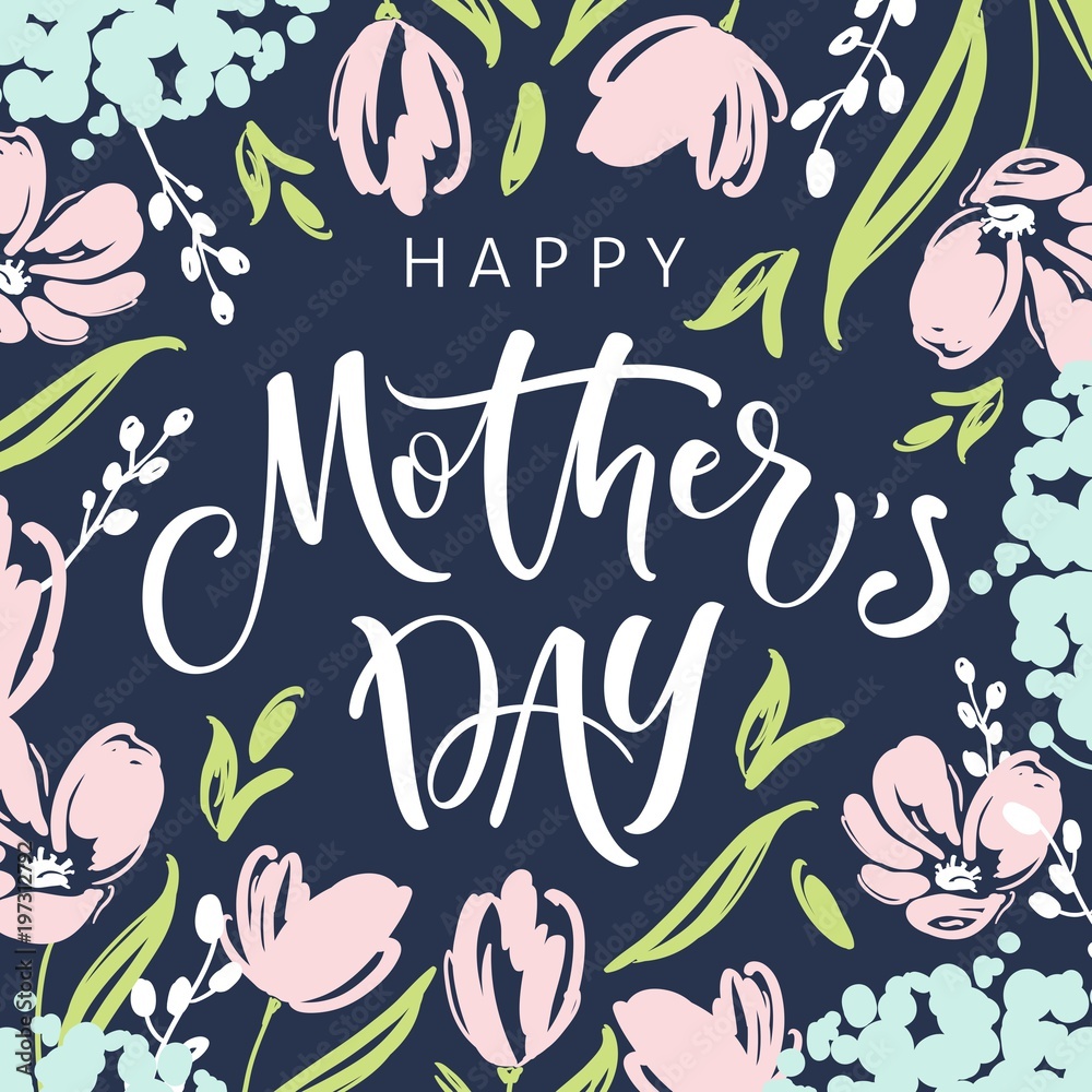 Mother's day greeting card with blossom flowers and modern brush calligraphy Mother's day greeting card with blossom flowers and modern brush calligraphy