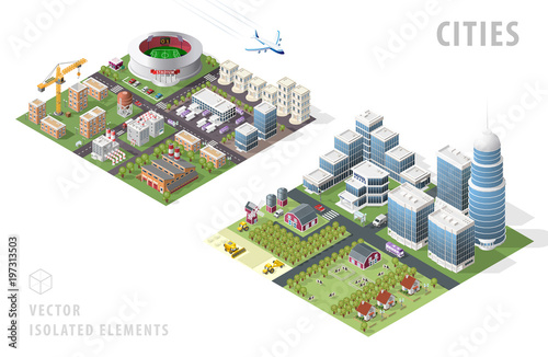 Set of Isolated Isometric City Maps . Elements with Shadows on White Background