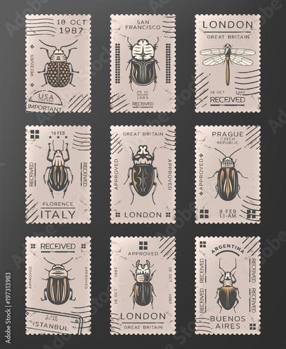 Vintage Colored Insects Stamps Set