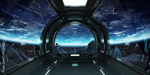 Fototapeta Naklejka Na Ścianę i Meble -  Spaceship interior with view on Earth 3D rendering elements of this image furnished by NASA
