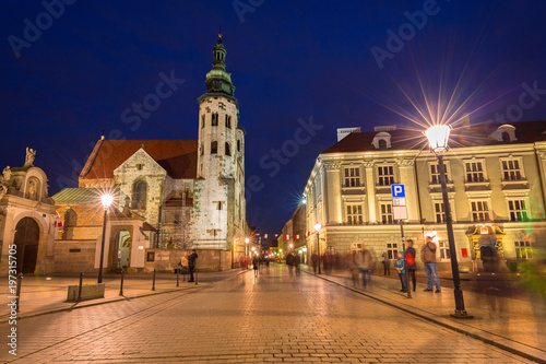 Architecture of the old town in Krakow at night, Poland