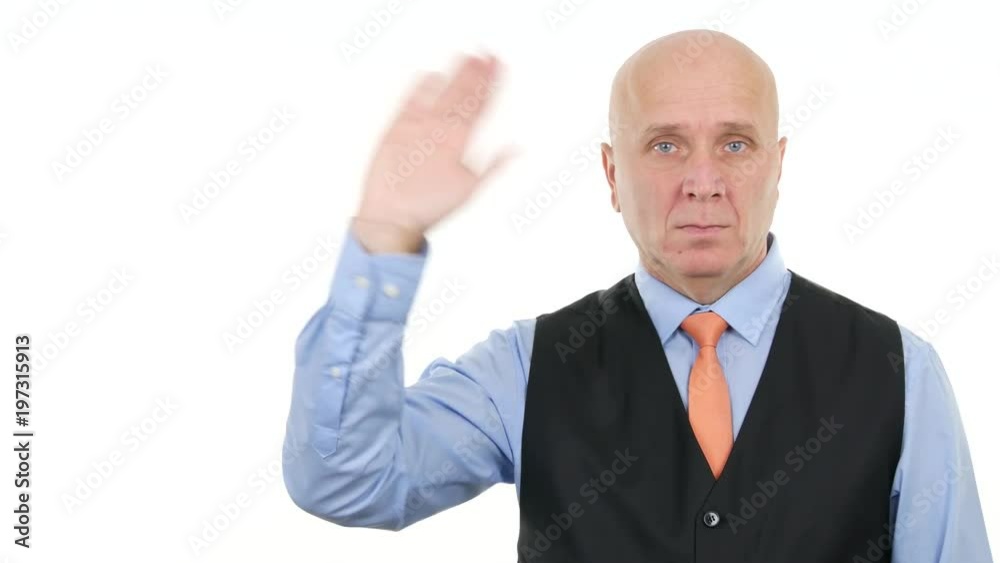 Serious Manager Salute Confiding with a Welcome Hand Gesture Serious Manager Salute Confiding with a Welcome Hand Gesture
