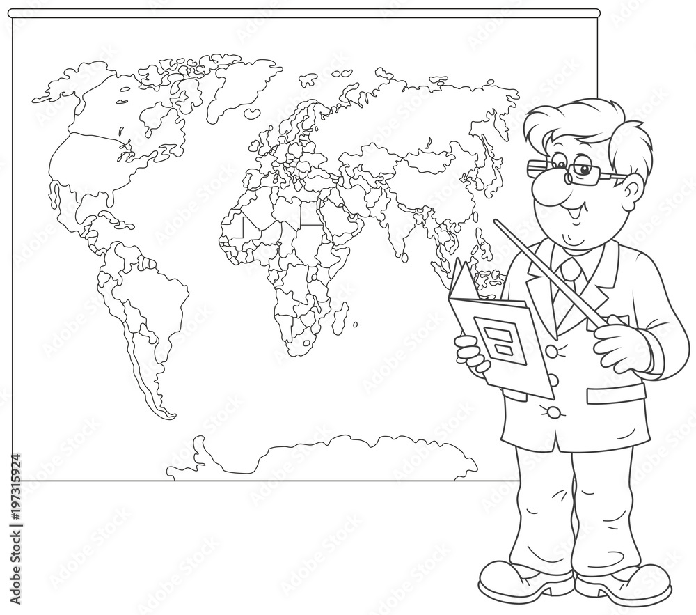 Geography teacher with a schoolbook and a pointer standing near a world map,  a black and white vector illustration in a cartoon style Stock Vector |  Adobe Stock