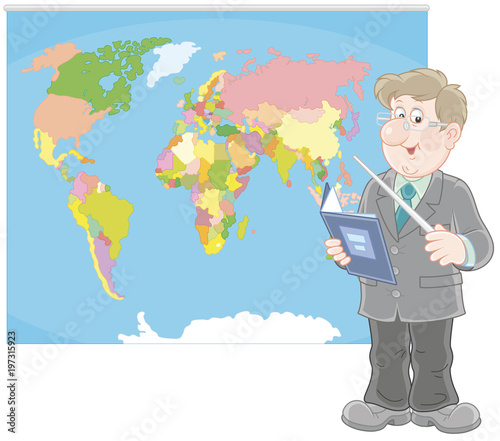 Geography teacher with a schoolbook and a pointer standing near a world map, a  vector illustration in cartoon style