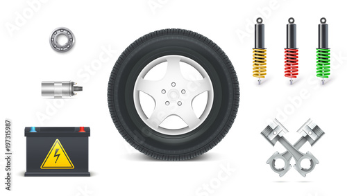 Icons of Car parts for garage, auto services. Set of automotive shock absorbers, tyre with disc, piston set for engines, battery, bearing, electric coil isolated on white background. 3D illustration