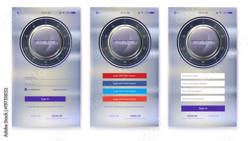 Account authorization or register, interface for touchscreen mobile apps. Entrance via login, password and social network. Security application UI design. UX Screen with digital lock on login page