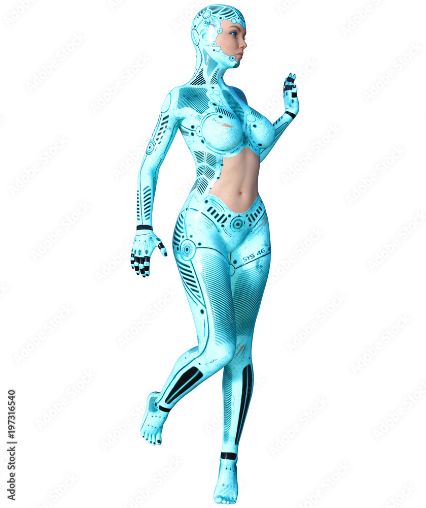 Dancing robot woman. Blue metal droid with woman's face. Artificial Intelligence. Conceptual fashion art. Realistic 3D render illustration. Studio, isolate, high key.
Dancing robot woman. Blue metal droid with woman's face. Artificial Intelligence. Conceptual fashion art. Realistic 3D render illustration. Studio, isolate, high key.