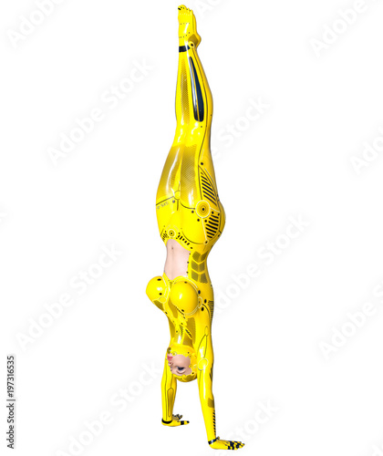 Dancing robot woman. Yellow metal droid with woman's face. Artificial Intelligence. Conceptual fashion art. Realistic 3D render illustration. Studio, isolate, high key. 